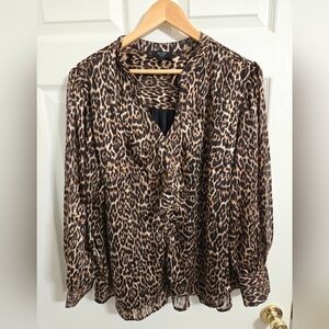 Haver Brown And Black Leopard Print Women's Top Ruffle Front Size 1X